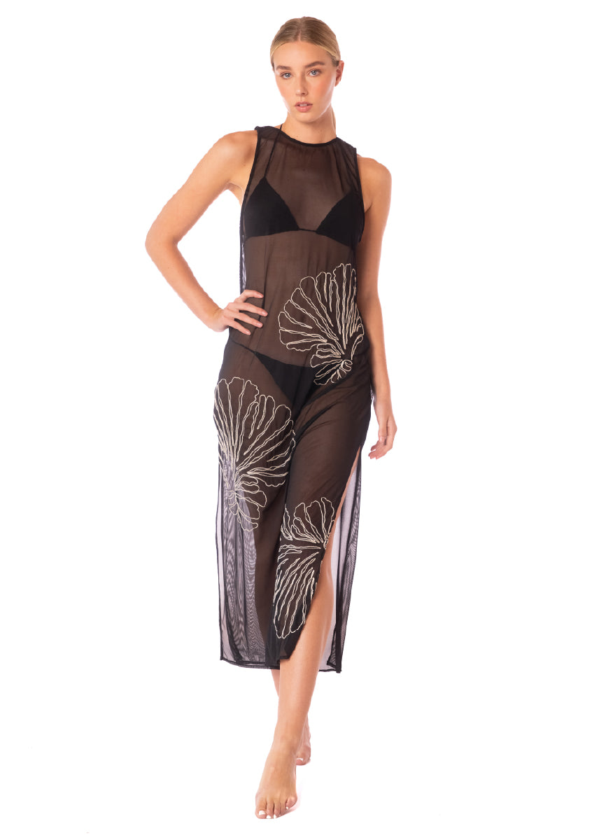 ROPA DE PLAYA VESTIDO LARGO BORDADO EN TELA TULL CELIA 9424